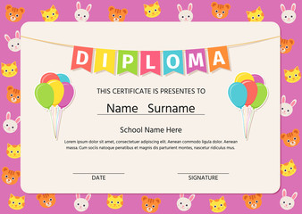 Kid diploma, certificate. Vector. Graduation background. Cute preschool, kindergarten, school graduate template. Layout design. Cartoon playful illustration. Winner blank with balloons, flags.