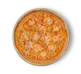 Isolated image of pizza with shrimps and olives on a white background