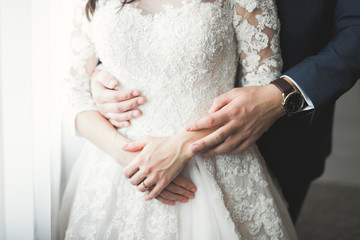 Perfect couple bride, groom posing and kissing in their wedding day