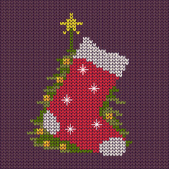 Vector Illustration. Knitting decoration. Sweet knitting sock and christmas tree. Winter background