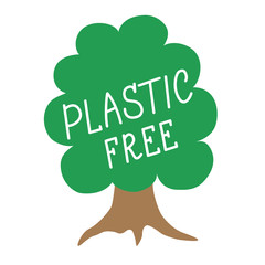 Icon in the form of a green tree with the inscription plastic free. Design for labels, stickers. Clean planet.