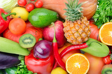 Background of Collection fresh fruits and vegetables .