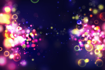 Colorful background. Circular bokeh sparkle color lights background. Magic space cosmic shiny bubbles. Colorful layout template for banner or poster design. EPS 10.