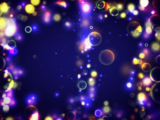 Colorful background. Circular bokeh sparkle color lights background. Magic space cosmic shiny bubbles. Colorful layout template for banner or poster design. EPS 10.