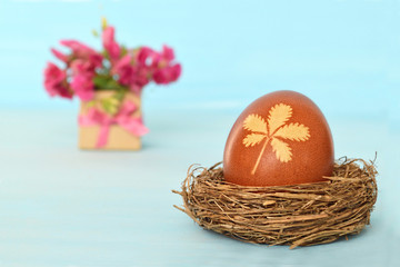 Fototapeta na wymiar Easter egg in the nest. Easter egg dyed with onion peel