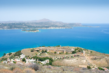 Fototapeta na wymiar View of Intzedin Fort and Venetian castle protecting the entrance to the Gulf of Suda in Crete