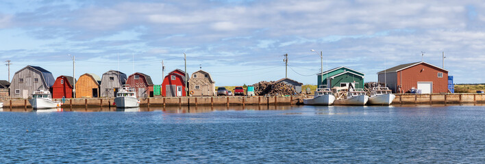 Beautiful marina on the Atlantic Ocean during a sunny day. Taken in Cabot Beach Provincial Park,...