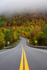 Scenic road in the mountains surrounded by vibrant Fall Color Trees. Taken in Forillon National...