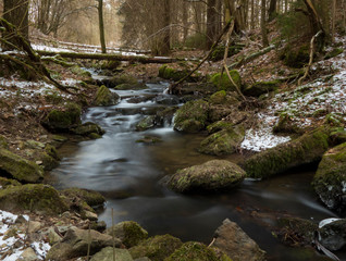 Naklejka na ściany i meble smooth motion of wild water in a river in winter with snow and ice on rocks and stones in the beautiful nature of a forest