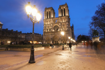 The Notre Dame Cathedral at rainy evening , Paris, France.