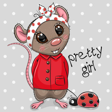 Cartoon Rat Girl in a red coat with ladybug