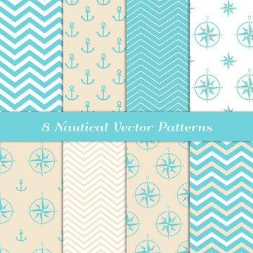 Sea and Sand Colors Nautical Patterns with Aqua Blue, Beige and White Chevron, Anchors and Compasses. Pastel Colored Marine Theme Backgrounds. Vector Repeating Pattern Tile Swatches Included.