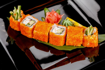 Japanese national popular cuisine. Sushi, rice and fish. Tasty, beautifully served food in a...