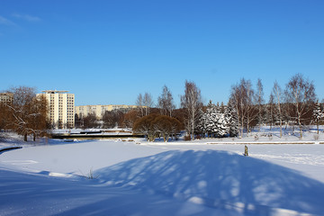 Winter cityscape. Outdoor.