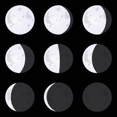 Moon Phases: new moon, full moon, crescent. Set of vector illustrations isolated on a black background.