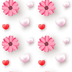 Romantic Valentines Day seamless pattern with realistic hearts isolated on white.