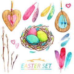Easter set nest willow decorations feathers watercolor