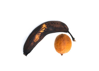 A single rotten banana with a dry lemon as a symbol for elder man´s unhealthy genital. It can be disease or impotency.