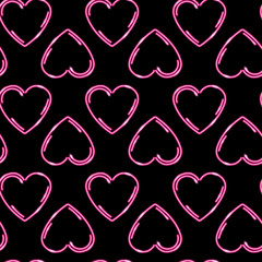 Romantic seamless pattern with neon pink hearts on black background. Valentines day concept. Vector 10 EPS illustration.