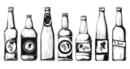 Set of beer bottles. Vector illustration. Sketch.