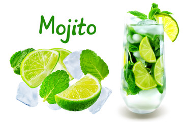 Mojito coctail  with fresh mint leaves and lime slice isolated