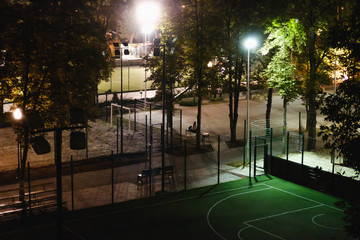 Soccer field at night.