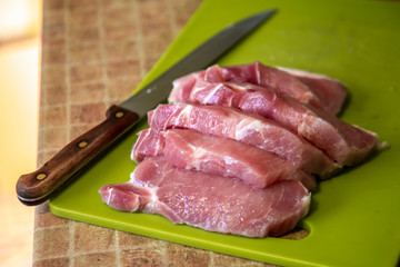 sliced pork meat on steaks