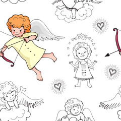 Cute baby seamless pattern with lovely doodle cupids isolated on white background. Vector illustration for Valentine's Day concept design