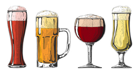 Set of different glasses with beer, different mugs of beer. Vector illustration of a sketch style