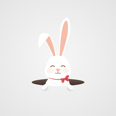 Happy Easter. Easter Rabbit bunny looking from a hole isolated. Cute, funny cartoon rabbits character pops out of the hole. Festive design element. Concept for greeting card, invitation.
