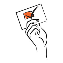 hand holding voting card isolated on white background. Vector Illustration. 