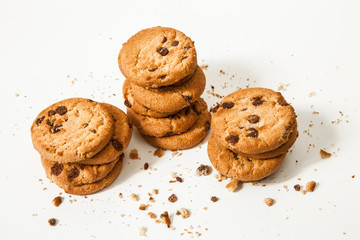 Chocolate chip cookies isolated on white background. Sweet biscuits. Homemade pastry