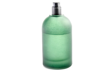 Fototapeta premium Green bottle of perfume isolated on white background