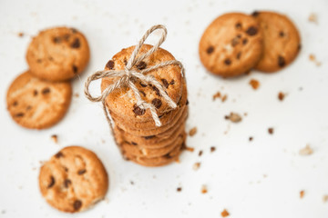 Chocolate chip cookies isolated on white background. Sweet biscuits. Homemade pastry