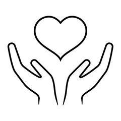Line icon of hands carefully holding heart. Symbol of love and care. Vector Illustration