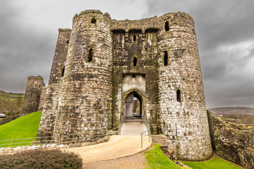 Kidwelly Normand Castle at Pembrokeshire Coast in Wales an amazing historical landscape of how the Normand protected its land from the invaders with its fortifications, castles and surrounding walls