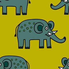 Seamless pattern with cartoon doodle elephant. Wrapping paper, textile, fabric. Vector illustration. 