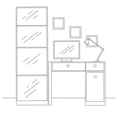 Sketch the room. Office chair, desk, various objects on the table. Sketch workspace. Vector illustration