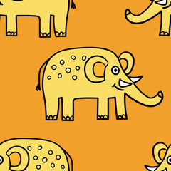 Seamless pattern with cartoon doodle elephant. Wrapping paper, textile, fabric. Vector illustration. 