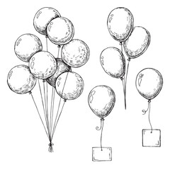 Set of different balloons. Inflatable balls on a string. Inflatable balloons with a card for text. - 246479367