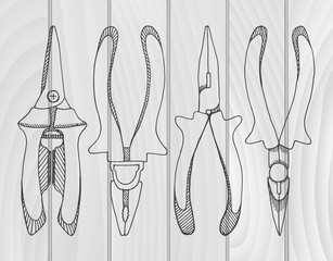 Set of pliers, pincers, and pruning scissors. Tools illustration in vector sketch style