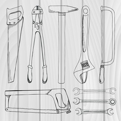 Set of tools, hardware. Different metal tools isolated on white background. Hand drawn vector illustration of a sketch style