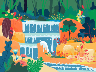 Waterfall in a jungle, Cartoon woderland landscape of waterfall in colourful forest in spring or summer, Vector Illustration fantastic fairy tale background.