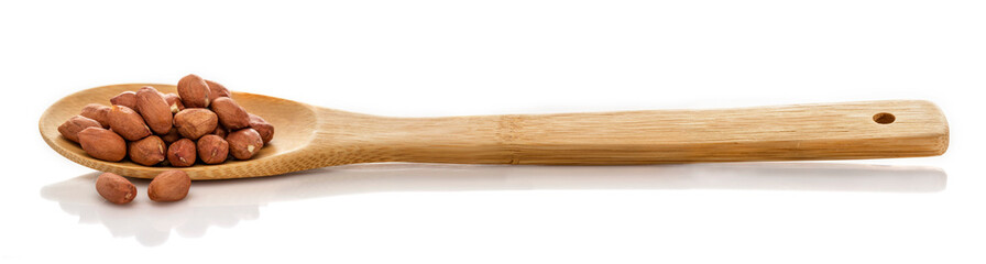 Peeled peanuts. A nut in a spoon. Large size premium quality. Isolated on white background.