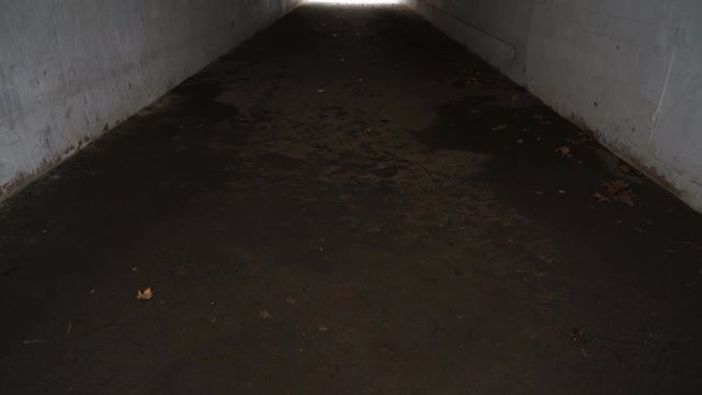 Dark pedestrian underground crossing tunnel with light at the end and number of the beast 666 on the wall