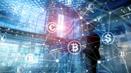 Double exposure Bitcoin and blockchain concept. Digital economy and currency trading.