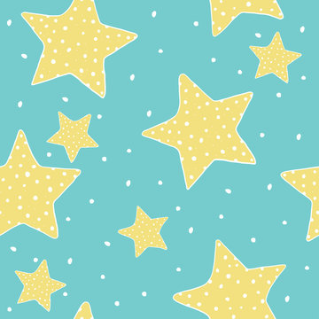 Seamless pattern with hand-drawn stars. Five-pointed yellow stars on a blue background. Vector illustration in sketch style.