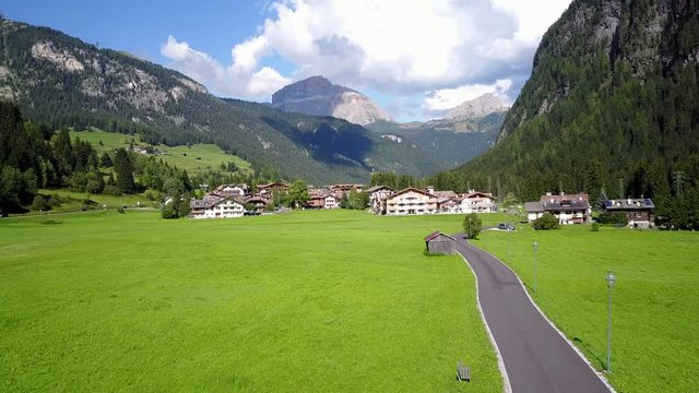 Aerial view near Possa di Fassa, Val di Fassa, Province of Trento, Trentino, Dolomites, Italy, Europe