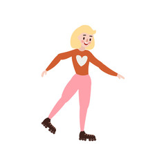 Young cute girl skates in beautiful warm clothes making figures.