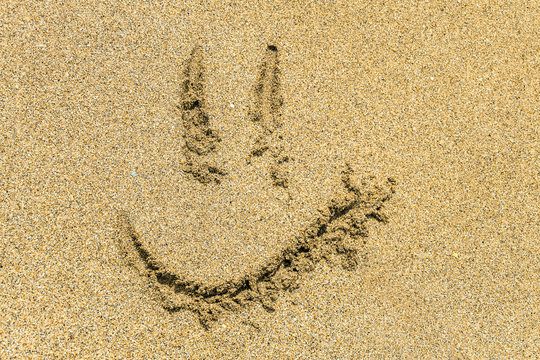 Big smile face close-up on sunny sea sand